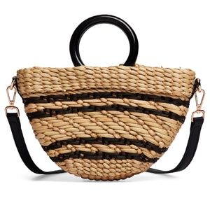 Poolside Straw Stripe Bec Bag Crossbody with Removable Strap, Natural/Black